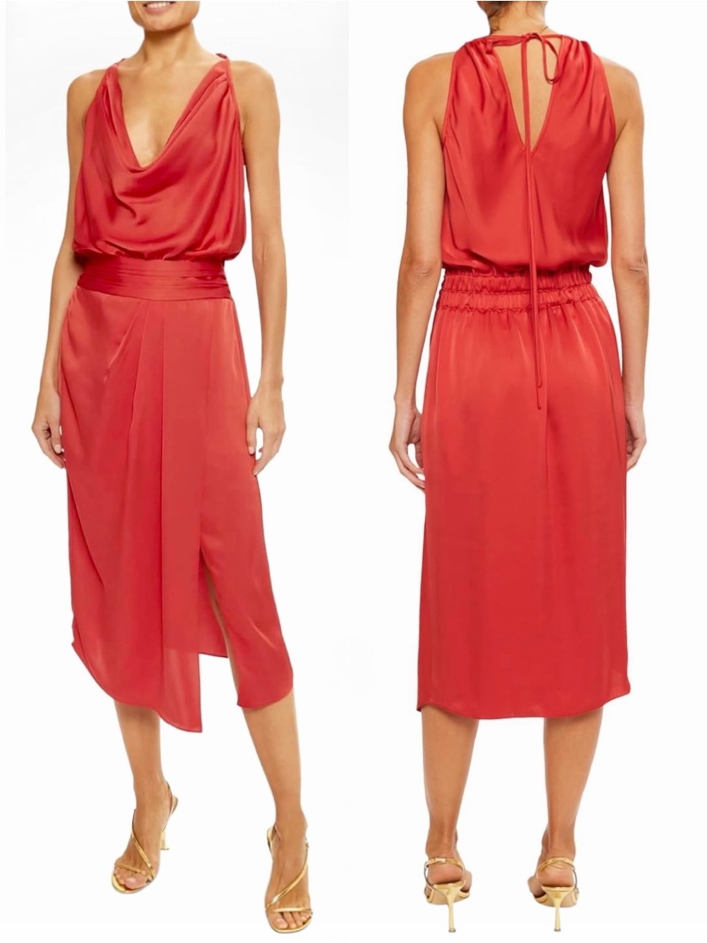 Ramy Brook Women’s Monika Satin Cowl Neck Ruched Cocktail Midi Dress Ruby Red